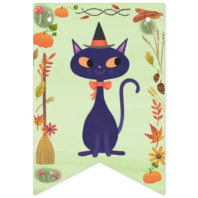 Cute Halloween Witch Cat Green Bunting Flags (Second Flag)