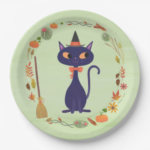 Cute Halloween Witch Cat Green Paper Plate