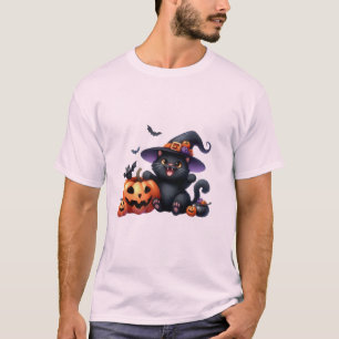 Cute Halloween Witch Cat & Pumpkin Friend  🐾🎃 T-Shirt