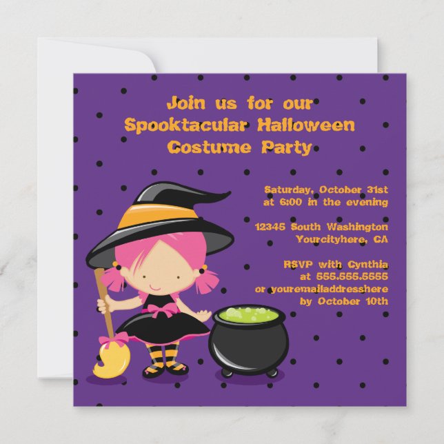 Cute Halloween witch costume party invitation (Front)