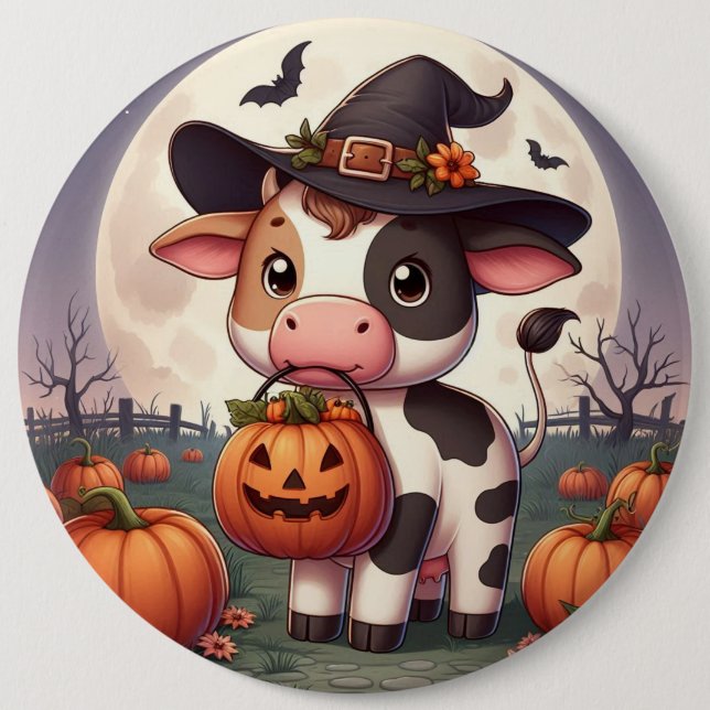 Cute Halloween witch cow 6 Inch Round Button (Front)
