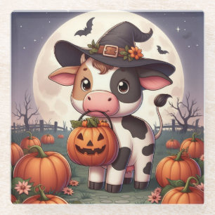 Cute Halloween witch cow Glass Coaster