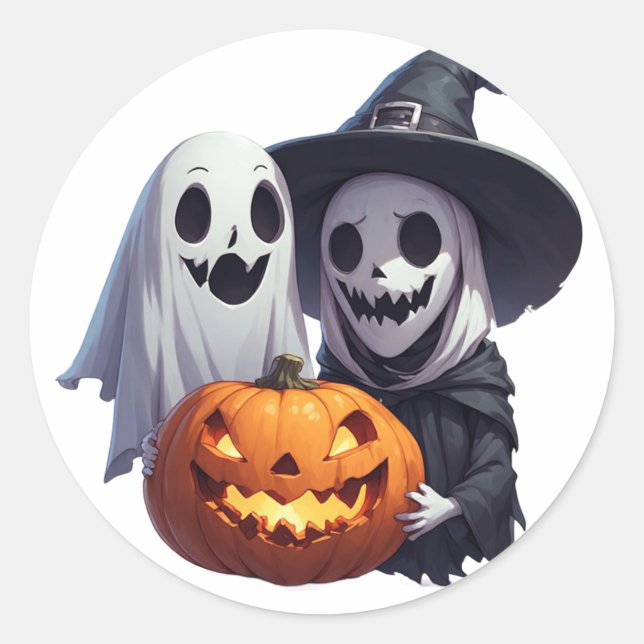 Cute Halloween Witch Ghost Friends 🧙‍♀️ Classic Round Sticker (Front)