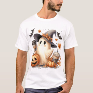 Cute Halloween Witch Ghost with Coffee & Pumpkins T-Shirt