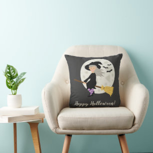 Cute Halloween Witch Girl Flying On A Broomstick Throw Pillow