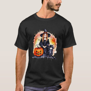 Cute Halloween Witch Girl with Cat and Pumpkin T-Shirt