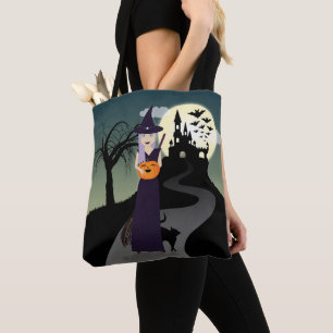 Cute Halloween Witch, Happy Pumpkin and Black Cat Tote Bag