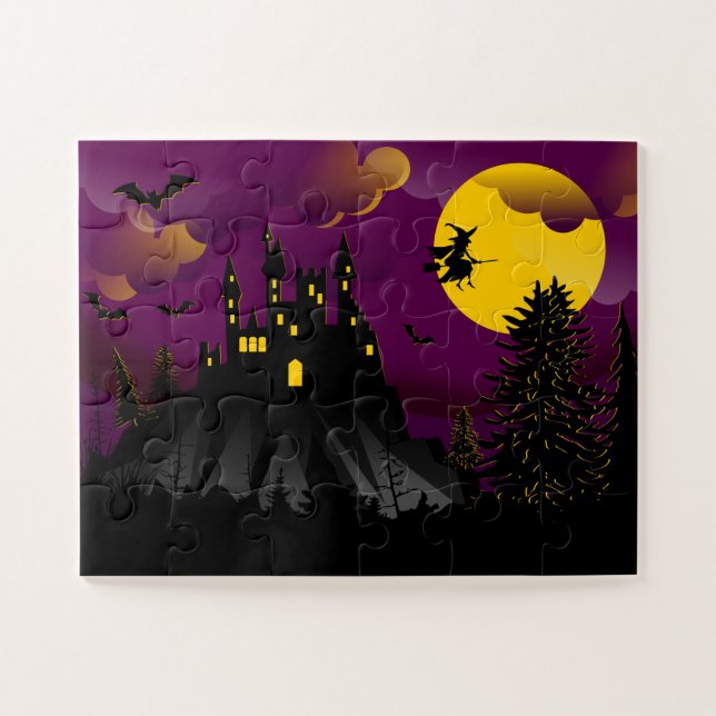 Cute Halloween Witch Haunted House Full Moon Jigsaw Puzzle (Horizontal)