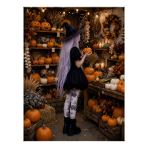 Cute Halloween Witch in Pumpkin Patch Poster