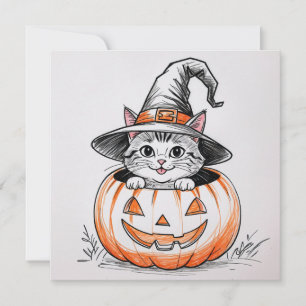 Cute Halloween Witch Kitten and Jack O'Lantern  Holiday Card