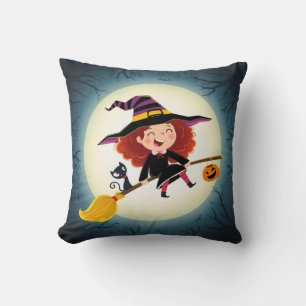 Cute Halloween Witch on Broom with Cat and Pumpkin Throw Pillow