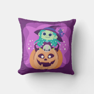 Cute Halloween Witch on Spooky Pumpkin and Cat Throw Pillow