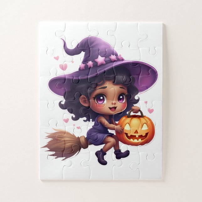 Cute Halloween Witch Puzzle – Little Girl with Pum (Vertical)