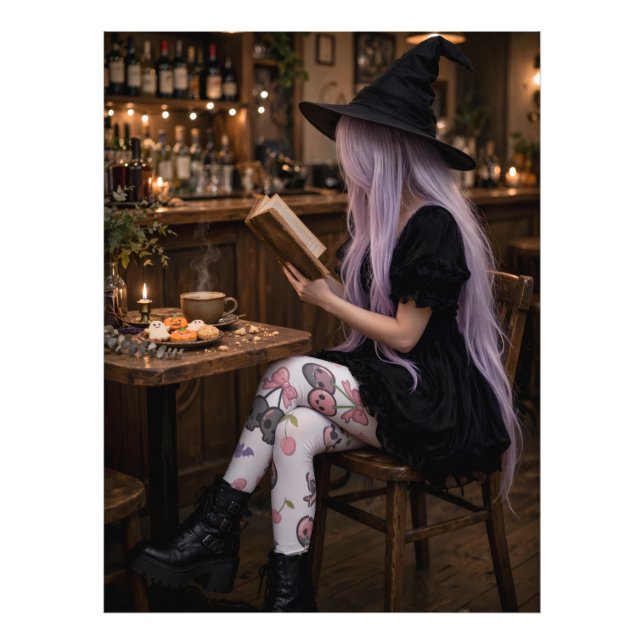 Cute Halloween Witch Reading Poster Cozy Art (Front)