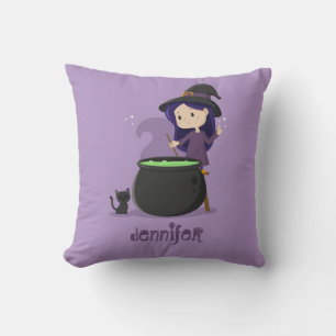 Cute Halloween Witch Stirring Melting Pot Purple Throw Pillow
