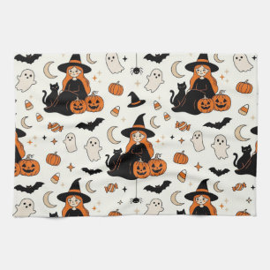 Cute Halloween Witches & Black Cats Kitchen Towel