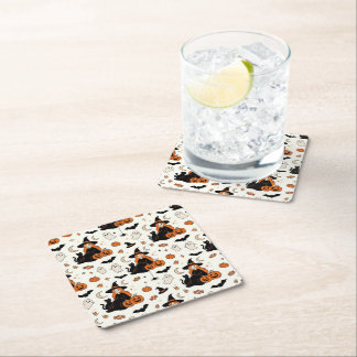 Cute Halloween Witches & Black Cats Square Paper Coaster