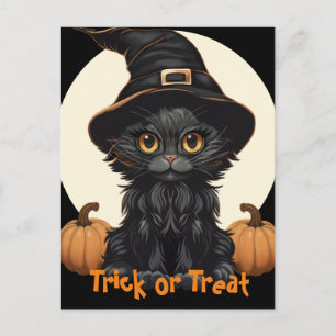 Cute Halloween Witches Cat with Hat and Pumpkins Postcard