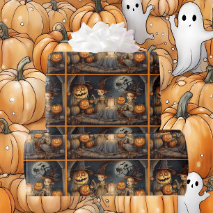 Cute Halloween Witches & Pumpkins Birthday Wrapping Paper