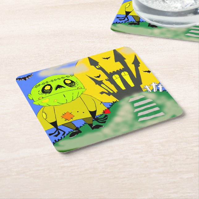 Cute Halloween Zombie and Castle Square Paper Coaster (Angled)