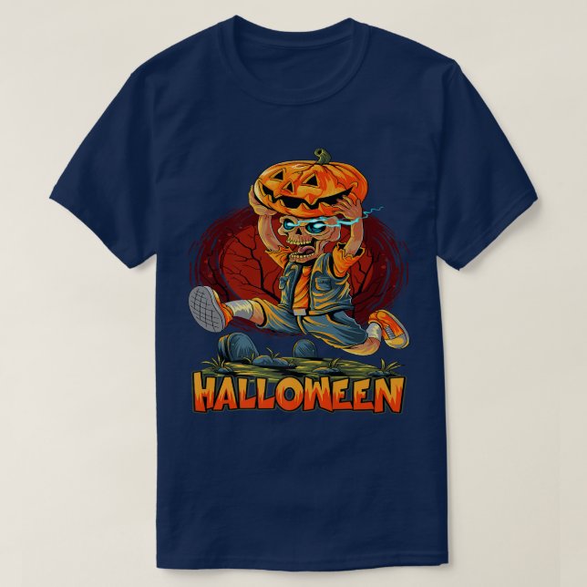 Cute Halloween Zombies Running With Pumpkin Trick  T-Shirt (Design Front)