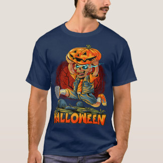 Cute Halloween Zombies Running With Pumpkin Trick  T-Shirt