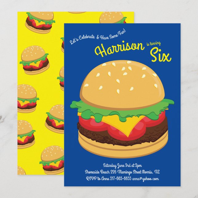 Cute Hamburger Kids Birthday Party Burger Invitation (Front/Back)