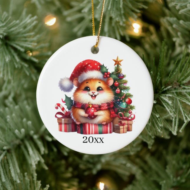 Cute Hamster add date and message Christmas  Ceramic Ornament (Tree)