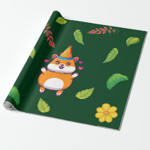 Cute Hamster Botanical Themed Kid's Birthday Party Wrapping Paper