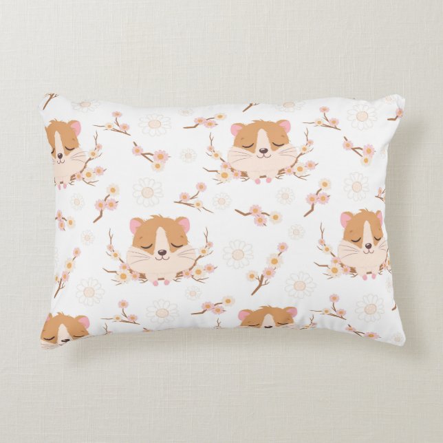 Cute Hamster Face and Pink Flowers Pattern Accent Pillow (Front)