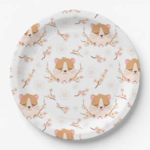 Cute Hamster Face and Pink Flowers Pattern Party Paper Plate