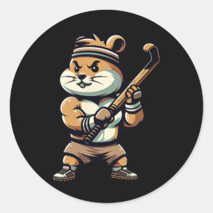 Cute Hamster Field Hockey Mascot Athlete Cartoon  Classic Round Sticker