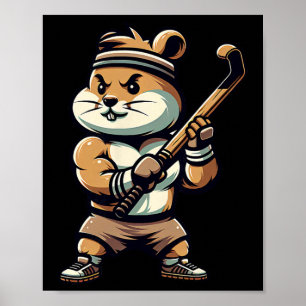 Cute Hamster Field Hockey Mascot Athlete Cartoon Poster