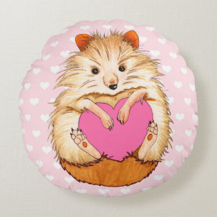 Cute Hamster & Heart Illustration Round Pillow