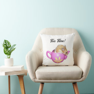 Cute Hamster in Pink Teapot with Daisy Photo Throw Pillow
