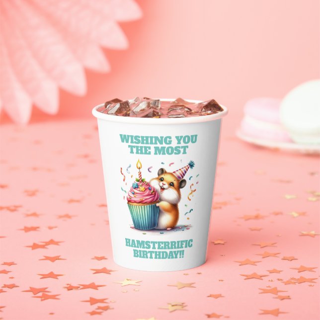 Cute Hamster Lifting Cupcake Hamsterrific Birthday Paper Cups (Insitu)