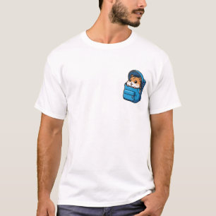 Cute Hamster Peeking Out of Blue Backpack Cartoon T-Shirt