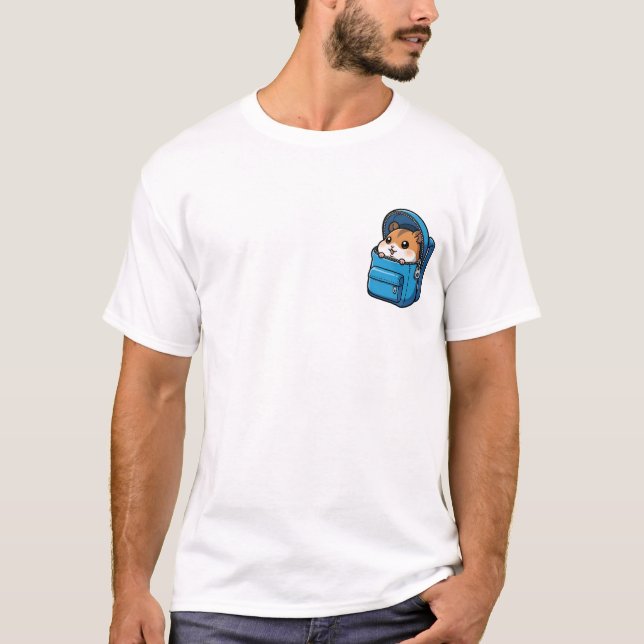 Cute Hamster Peeking Out of Blue Backpack Cartoon T-Shirt (Front)
