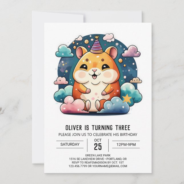Cute Hamster Printable Birthday Invitation (Front)