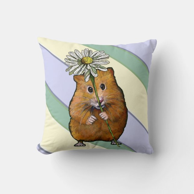 Cute Hamster With Big Daisy Flower, Stripes, Art Throw Pillow (Front)