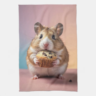 Cute Hamster With Chocolate Chip Muffin Pastel  Kitchen Towel