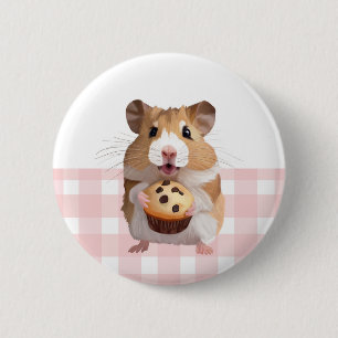 Cute Hamster With Muffin Pink Gingham Check 2 Inch Round Button