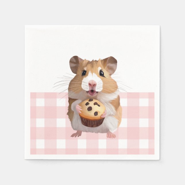 Cute Hamster With Muffin Pink Gingham Check Napkin (Front)