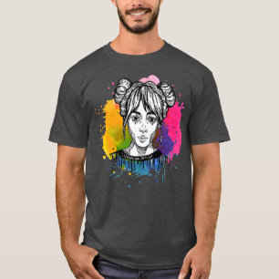 Cute Hand Drawn Anime Girl with Colour Slpash T-Shirt