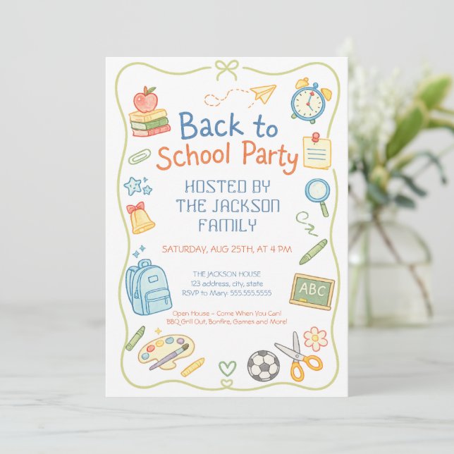 Cute Hand Drawn Back to School Party Invitation (Standing Front)