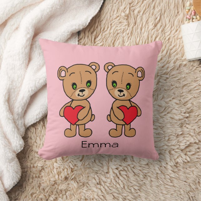 Cute, hand-drawn bear with two hearts throw pillow (Blanket)