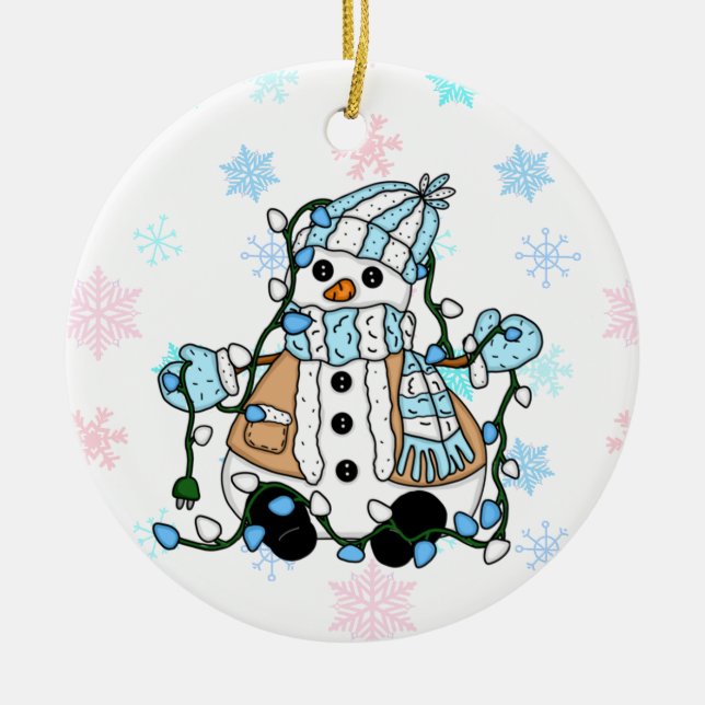 Cute Hand Drawn Blue Snowman Christmas Ceramic Ornament (Front)