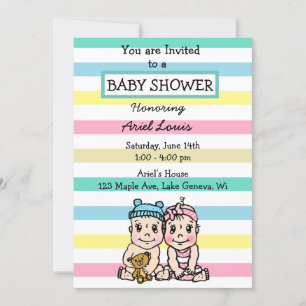 Cute Hand drawn Boy and Girl Twins Baby Shower Invitation