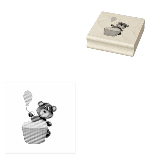 Cute Hand Drawn Brown Bear with Balloon & Cupcake  Rubber Stamp (Stamped)