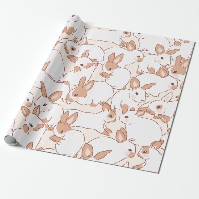 Cute Hand-Drawn Bunny Doodle Pattern in Soft Earth Wrapping Paper (Unrolled)
